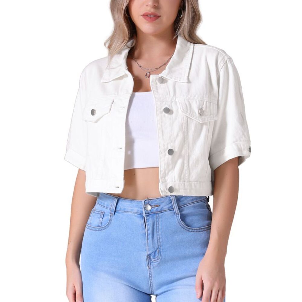 Cropped Short Sleeve Button Up Frayed Washed Jean Jacket White